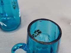 Set of 6 Bohemian Hand Enameled Orange Floral Blue Glass Cordials C. 1890s