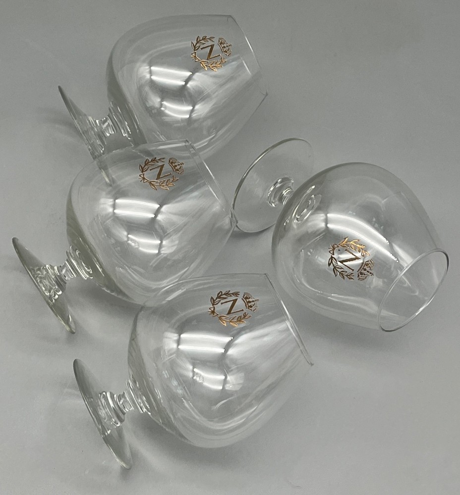 4 Napoleon Brandy Cognac Snifter Crystal Glasses Gilt Gold Crest Crown Leaves