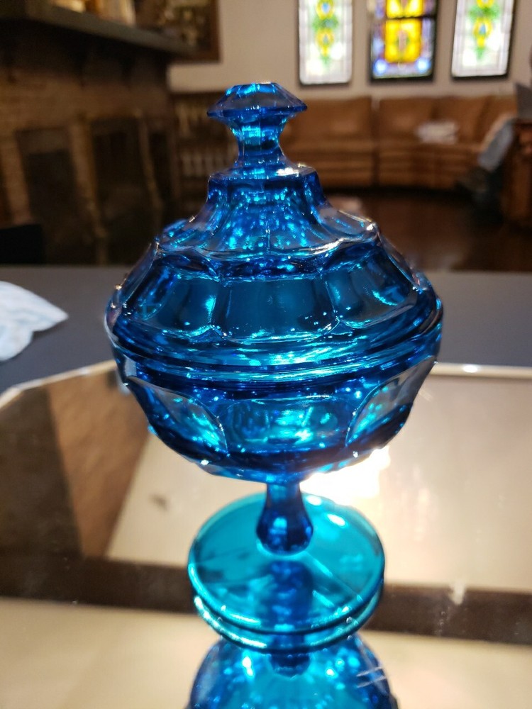 CANDY DISH & LID 7″ ASHBURTON Westmoreland Bermuda Blue Peacock Glass vtg 1970s
