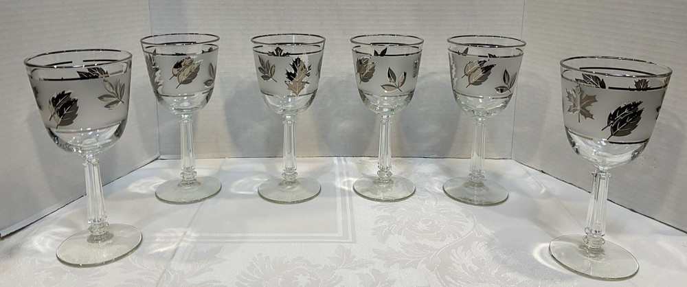 6 Vtg MCM Silver Rim Stemmed Frosted Wine Glasses Metallic Leaf Goblet 7.25″