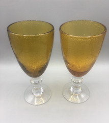 Pair Amber Bubble Hand Blown Glass 7.75″ Water Goblets Vintage