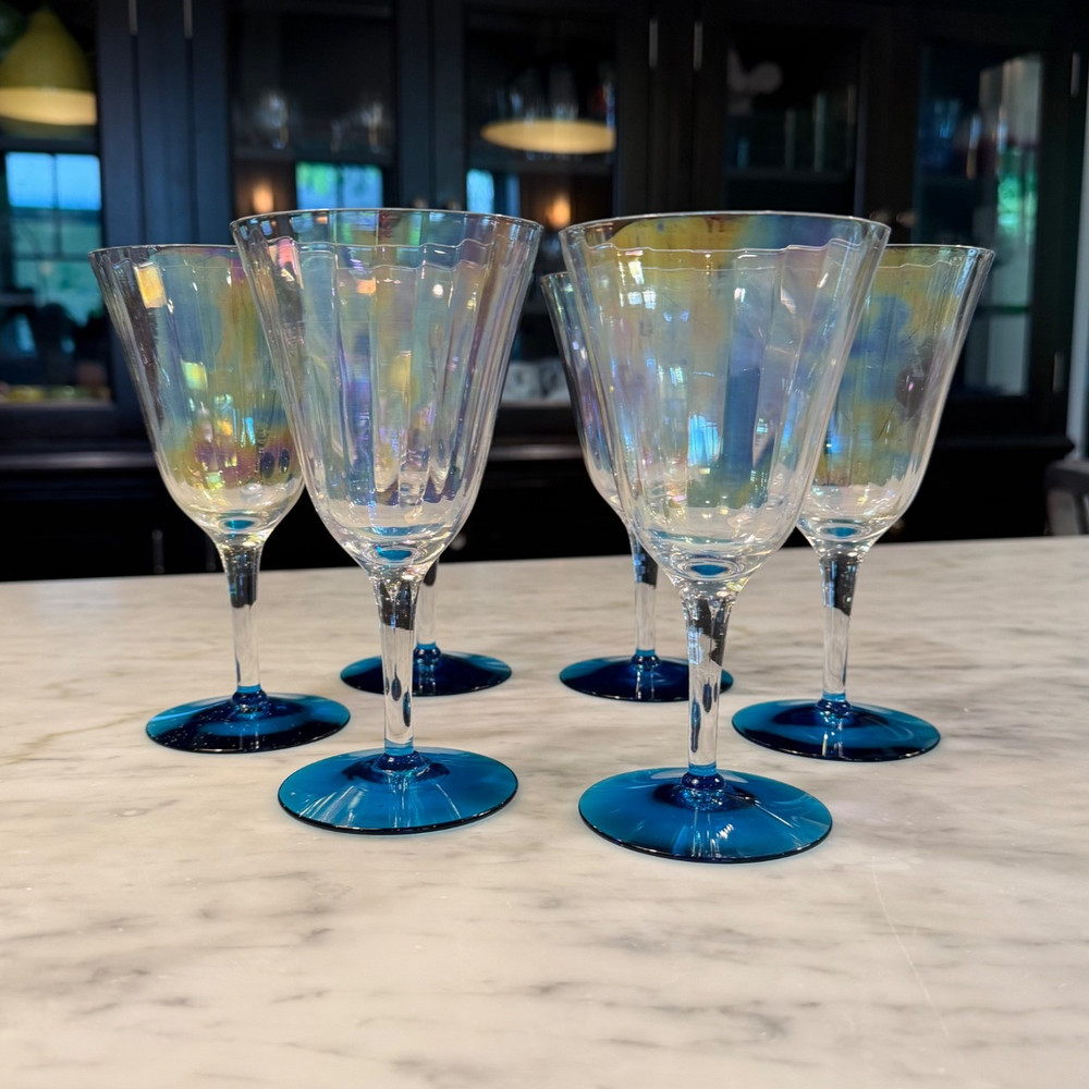 6 Rare Fostoria Mother of Pearl Ribbed Azure Blue Base 766 Stem Glasses -UV Glow