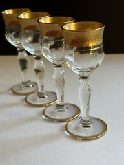 4 Ransgil Rambler Rose Optic Clear Cordial Glasses 1oz Gold Rim 4” Rare
