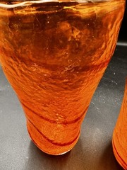 Set of 2 Orange Tumblers Hand Blown Orange w/Red Swirl MCM Textured 6.75″H