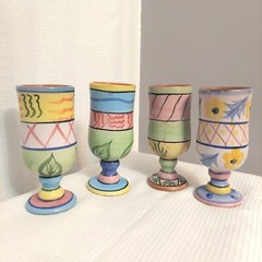 Redware Pottery Pedestal Drinking Goblets Pastel Glazed Cups Colorful Bar READ