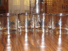 Vintage~ Set of 4~ Game Bird ~ Low Ball Whiskey Glasses ~Silver Rim & Pitcher~