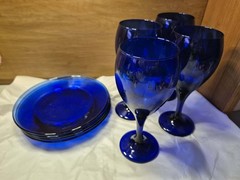 Vintage Cobalt Blue Dishes 8p Set Wine Glasses & 7.5” Saucer Plates LIBBEY Glass