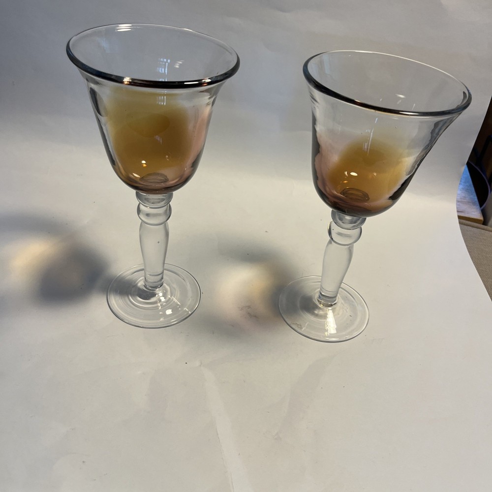 Pair Of Vintage Amber To Clear Gradient Wine Glasses With Bubble Stems