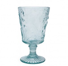 GODINGER Aqua Pressed Glass Goblet Hummingbird Leaf Embossed 6.5 inch New Label