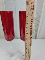 2 VTG -Ruby Red Glass Champagne Glasses/Flutes Clear Glass Stem 10.25″ Tall