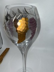 Crystal Etched Wine Glass 9.5″ Gold Purple Grapes 🍇 Silver Vine Hand Painted