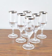Set Of 6 Silver Rimmed Shot Liquor Glasses 4-3/4″ tall 3 fl oz