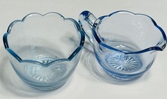 Blue Pattern Glass Vintage Cream Creamer and Sugar Bowl Set Scalloped Rim