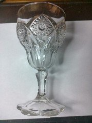 19thC Antique Hand Blown Cut Glass Goblet, Detailed Starburst with Gold Rim