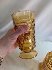 Set 2 Vintage Indiana Whitehall Colony Cubist Amber 6” Footed Iced Tea Glasses