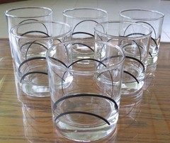 6 CORELLE SIMPLE LINES 12oz OLD FASHIONED ROCK GLASSES BLACK ARCS ON CLEAR