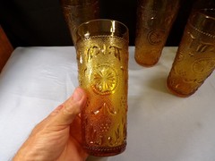 Set of 5 Indiana Tiara Amber Glass Sandwich Tumblers 6 3/8″ Tall