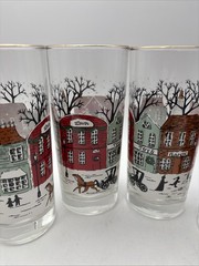 SET OF 4 LIBBEY WINTER VILLAGE SNOW SCENE GLASS TUMBLERS Gold Trim 6.25” EUC