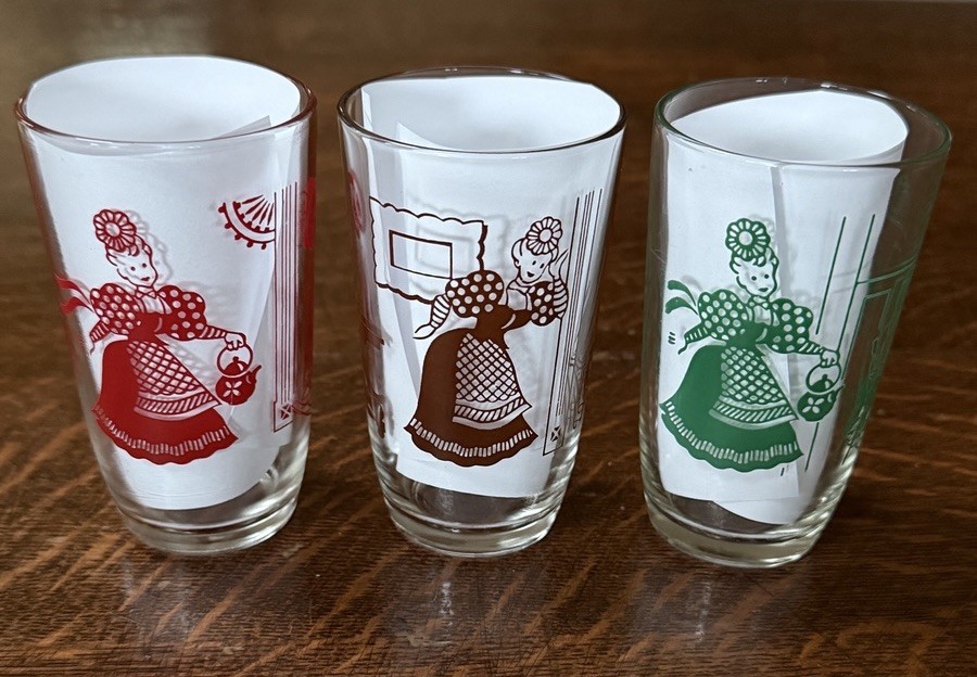 3 Vintage MCM Swanky Swigs Kraft Cheese Juice Glasses 3.75” Bustling Betsy *Chip