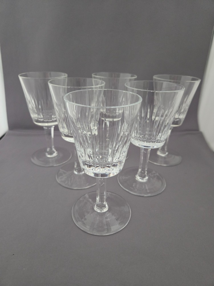 6 Fine Crystal English Wine Glasses Vertical & Oval Cut Multi Sided Stem Design
