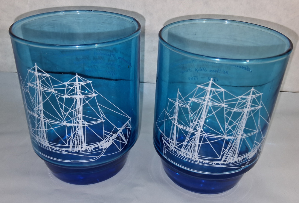 2 Vintage Teal Blue American Privateer Rattlesnake Revolution Sailboat Glasses