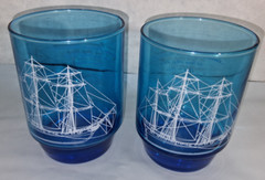 2 Vintage Teal Blue American Privateer Rattlesnake Revolution Sailboat Glasses