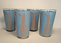 1960 Culver Blue Tumblers Lot Of 4 Gold Siam Thai Goddess Drinking Glass 5” MCM