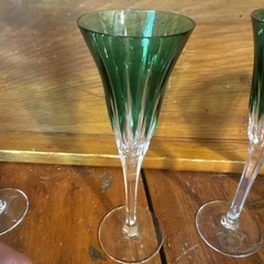 AJKA 6 5/8” Green Cut To Clear Champagne Flutes Vintage Set Of 3 Plus 1 Damaged
