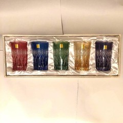 Kagami Crystal Tumbler Edo Kiriko Cut Glass 5 Color Set Red Blue Green Yellow