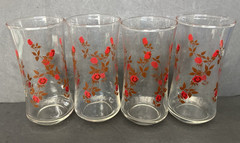 Vintage MCM Rose and Vine Pattern Drinking Glass Set of 4 14oz