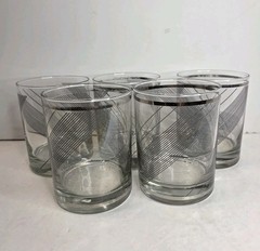 Set of 5 Vintage Culver Made in USA Silver Striped 12oz Old Fashion Low Glasses