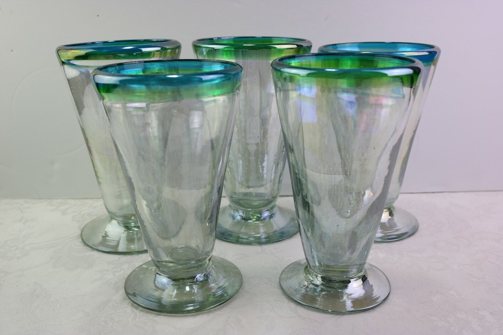 5 Hand Blown Stemware V-Shaped Glasses All Iridescent Green & Blue Band Luster