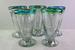 5 Hand Blown Stemware V-Shaped Glasses All Iridescent Green & Blue Band Luster