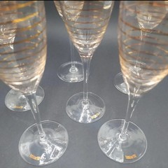 6 FABBIAN 98 Italian Champagne Flutes Gold Spiral Stripe MCM Murano Style Design