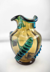 Antique Moser Portieux George Sand Blown Glass Vase Amber Teal Applied Serpent 5