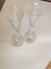 PAIR OF COLONY HAND MADE IN ROMANIA ETCHED CHAMPAGNE TOASTING FLUTES 11” HEARTS