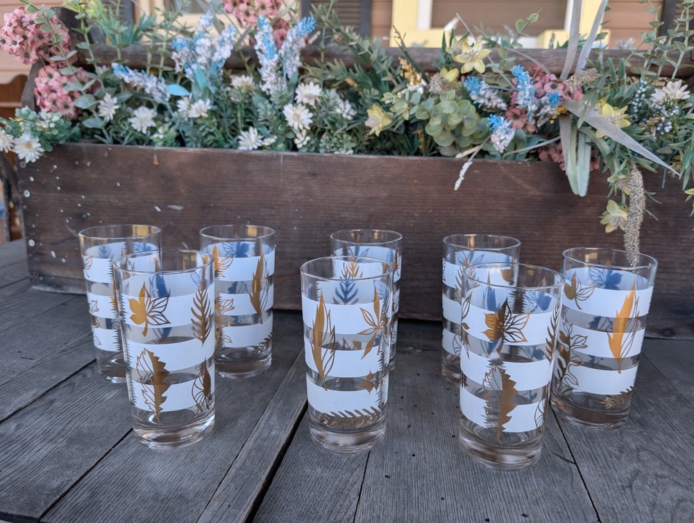 Vintage Libbey Gold Foliage and White Striped Tumblers (8)