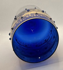Vintage 10″ Cobalt Blue Art Glass Goblet Gold Gilt Enamel Jeweled Twisted Stem