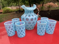 Gorgeous Vintage Fenton Blue Opalescent Coin Dot Seven Piece Water Set