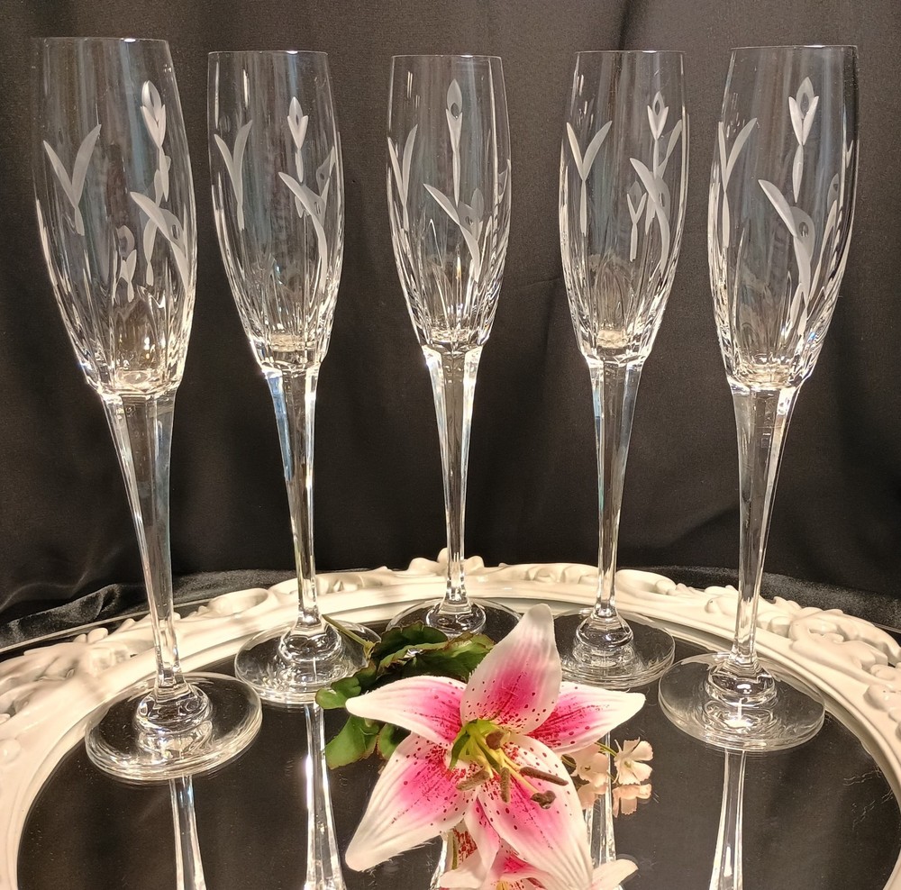 5 Mikasa CALLA LILY 10 3/4″ Fine Crystal Champagne Flutes Glasses SET