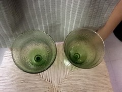 Vintage Green Hammered Glass Goblets 7.5″ Tall Footed Stemmed Set Of 2