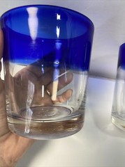 2 Mexican Hand Blown Cobalt Blue Rim Glass Tumbler Rough Pontil Bubble Low Ball