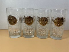 4 Libbey Regency Gold Medallion & White Embossed Crown MCM Tall Glass Tumblers