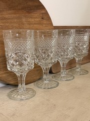 4 Wexford Anchor Hocking Glass Water Wine Goblets 6 5/8″ Diamond Cut 9.5 oz EUC