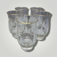 Libbey Etched Tumbler Set of 5 Cocktail Glasses Barware 24K Rim Winter Scene
