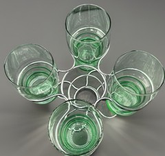 Lot of 4 Libbey Green Depression Glasses Tudor Style Ringed, in a Chromed Holder
