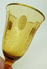 TIFFIN «CHARMAIN» AMBER 6 5/8″ WATER GOBLET IRIS ETCH GOLD ENCRUSTED – 7 AVAIL.