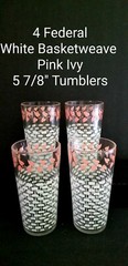 4 Federal Glass White Basketweave/ Pink Ivy Leaves 5 7/8″ Swanky Swig Tumblers
