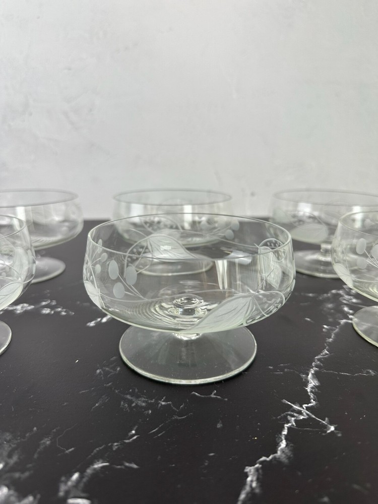 High Quality Vintage Crystal Dessert Glasses w/ Decorative Etchings Set of 6