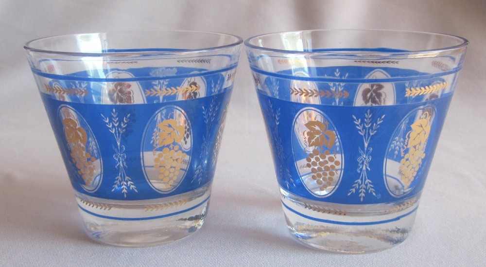 2 Old Fashioned Rocks Glasses Tumblers Hazel Atlas Blue Gold Grapes MCM 3 1/4″